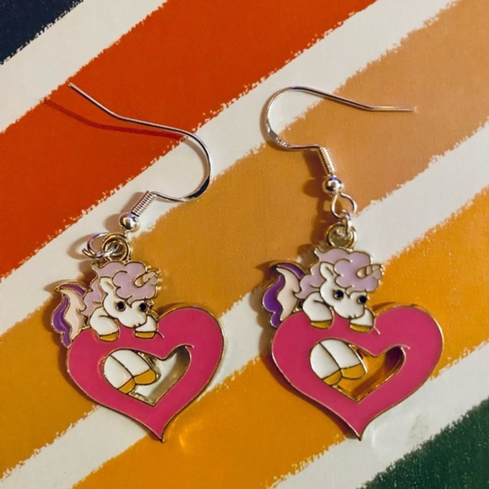 NWT - Pastel Colorful Unicorn on a heart single sided dangle earrings set